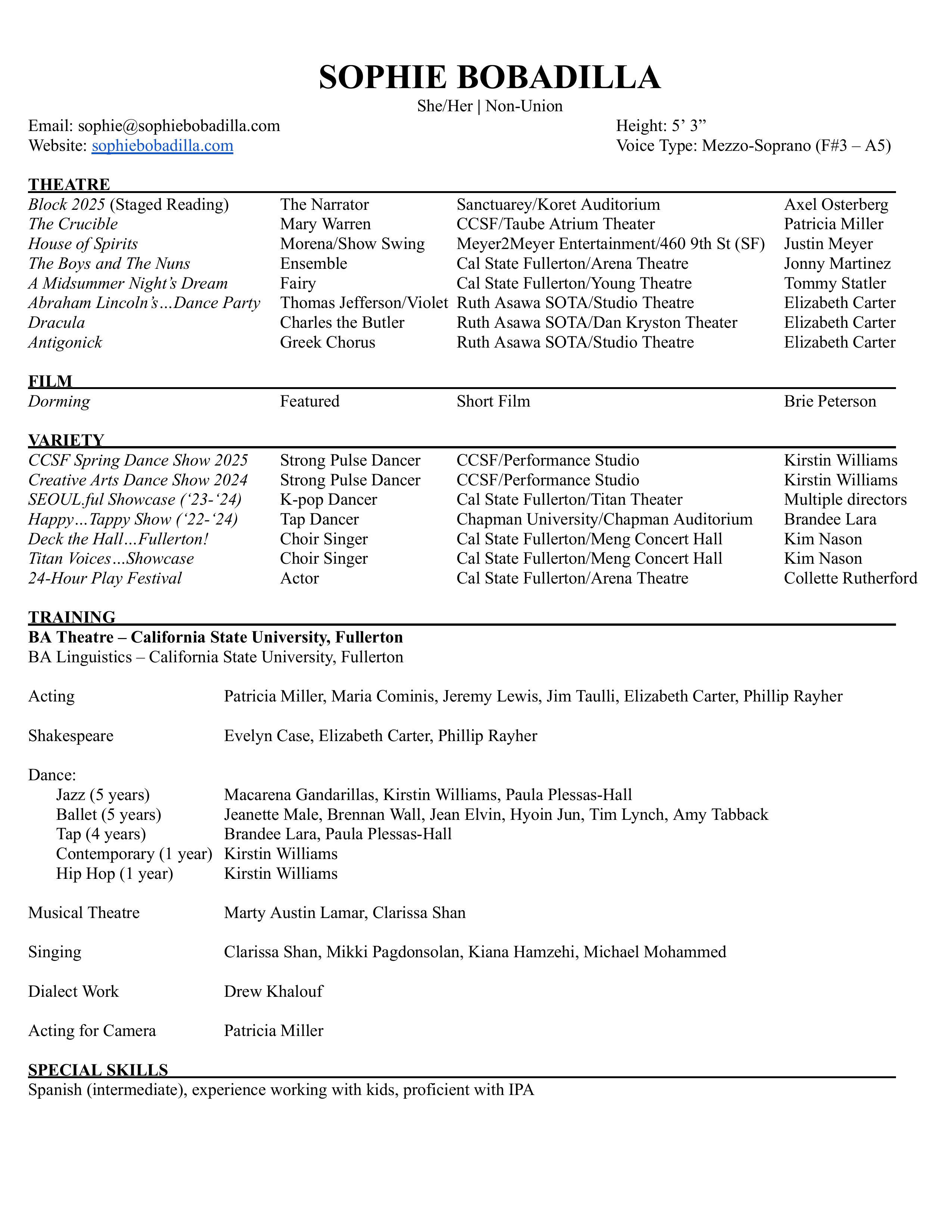 Sophie Bobadilla Theatre Resume