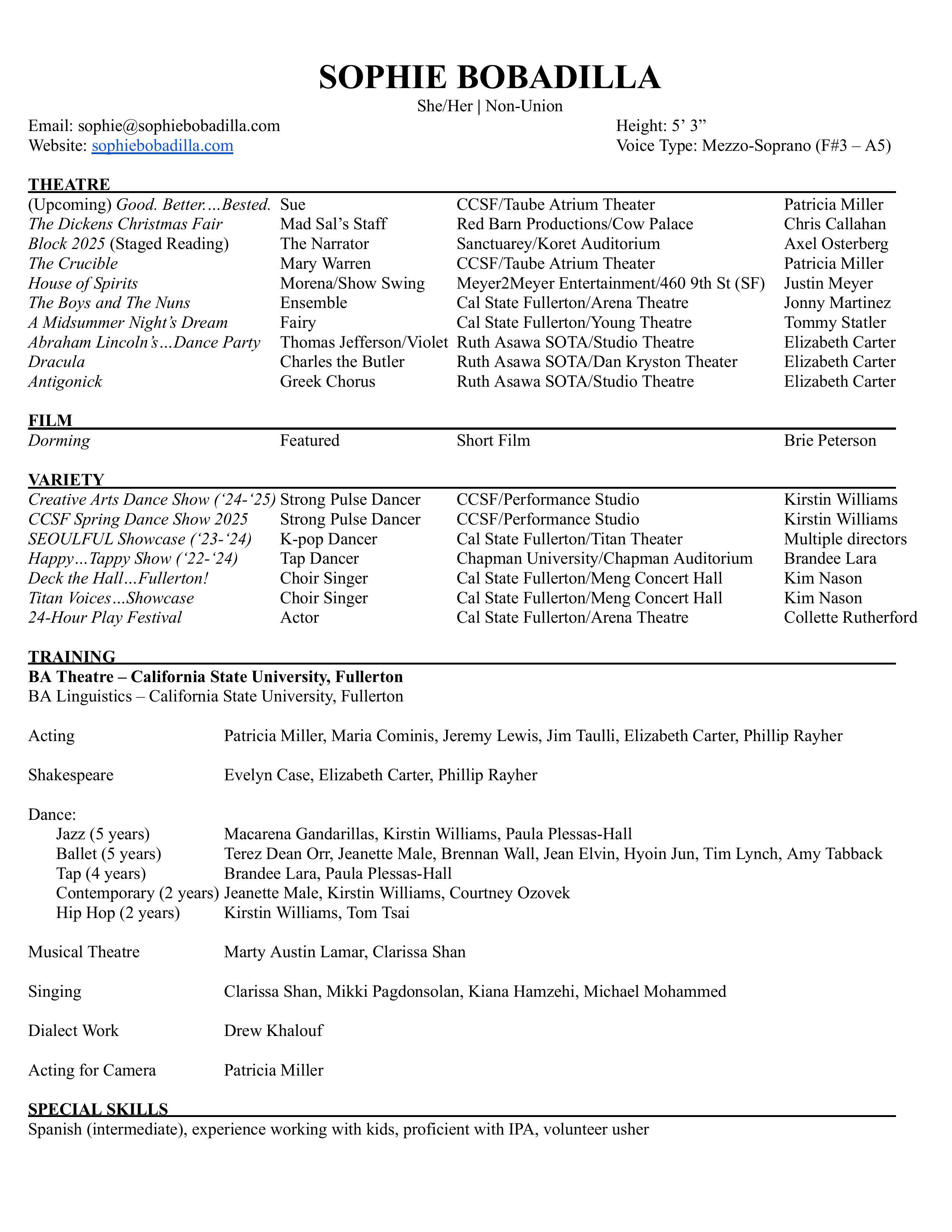 Sophie Bobadilla Theatre Resume