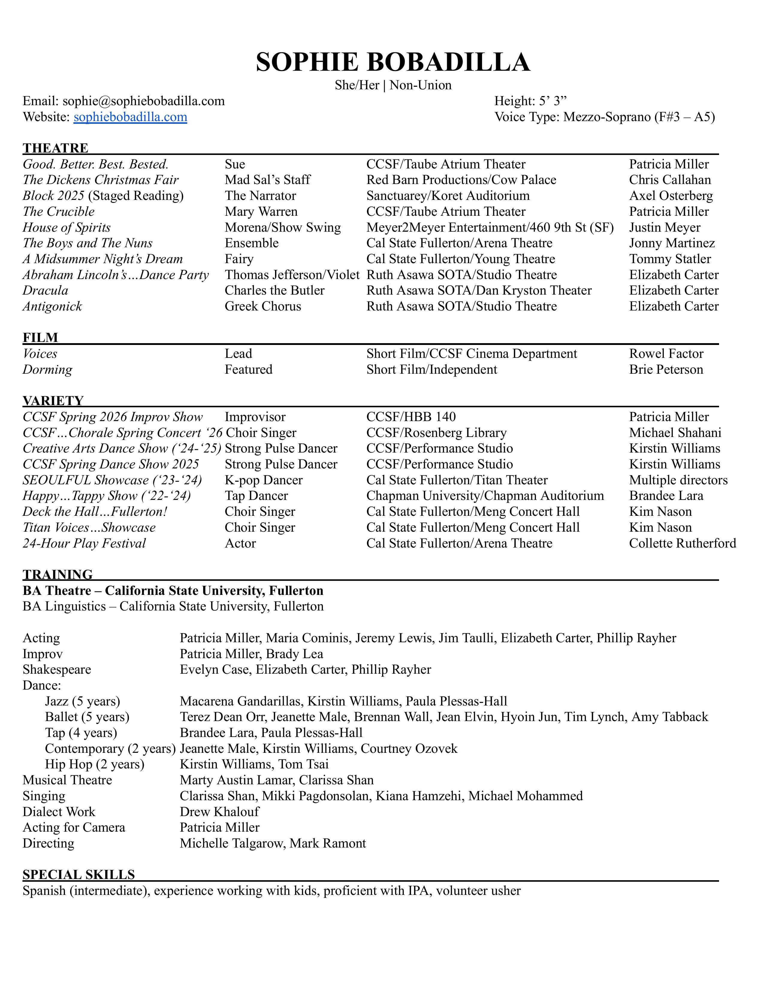 Sophie Bobadilla Theatre Resume